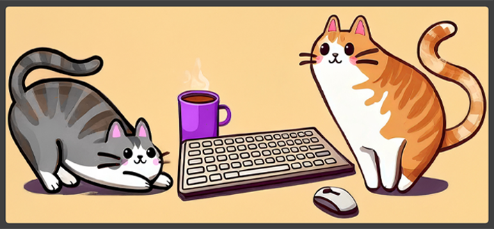 Two cats beside a keyboard and coffee mug